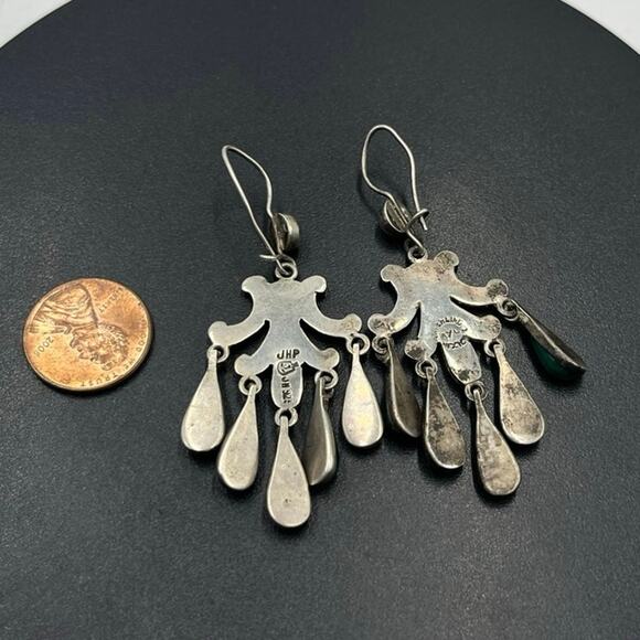 John H. Peckham, Sterling Mexico Green Stone Cabochon Chandelier Earrings Navajo - Picture 11 of 11